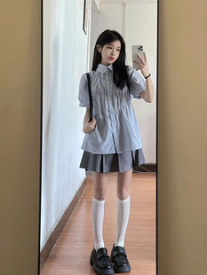 夏季可盐可甜小个子炸街s甜酷减龄甜辣学院风衬衫百褶裙两件套装