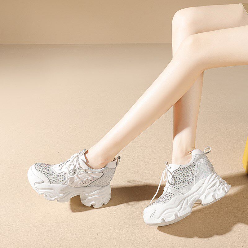 春季新款水钻厚底松跟糕女鞋10cm内增高老爹鞋小个子运动休闲单鞋