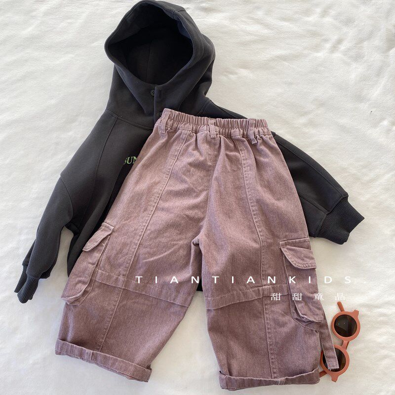 【我是小童】韩版多口袋工装裤男童秋女宝百搭长裤宽松直筒裤