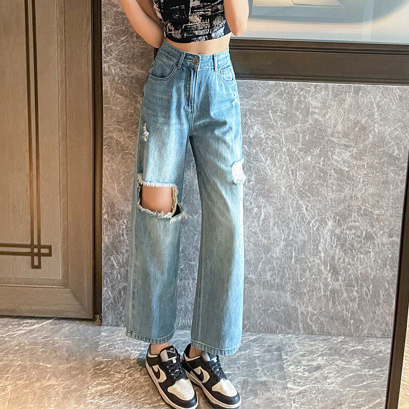 大破洞牛仔九分裤女阔腿裤春夏季新款宽松显瘦小个子夏天小直筒裤