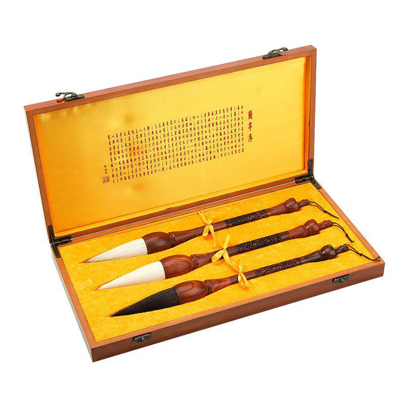 卫庄送礼毛笔套装红檀木雕龙狼毫毛笔抓笔写大字中号小号斗笔