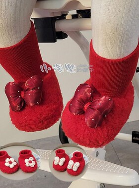 婴儿鞋子秋冬季0-3-6月女宝宝y蝴蝶结公主鞋0-1岁防掉棉鞋红色过