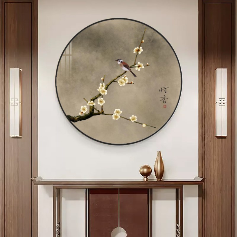 喜上眉梢新中式客厅装饰画日式花鸟餐厅挂画喜鹊卧室玄关圆形壁画图片