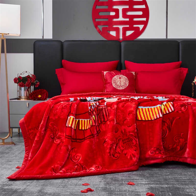 毛毯结婚被子双层加厚新婚房冬季双人陪嫁婚庆大红色毯子喜字送礼
