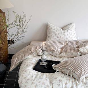 少女蕾丝绑带碎花纯棉双层纱水洗棉四件套全棉床单被套宿舍床品