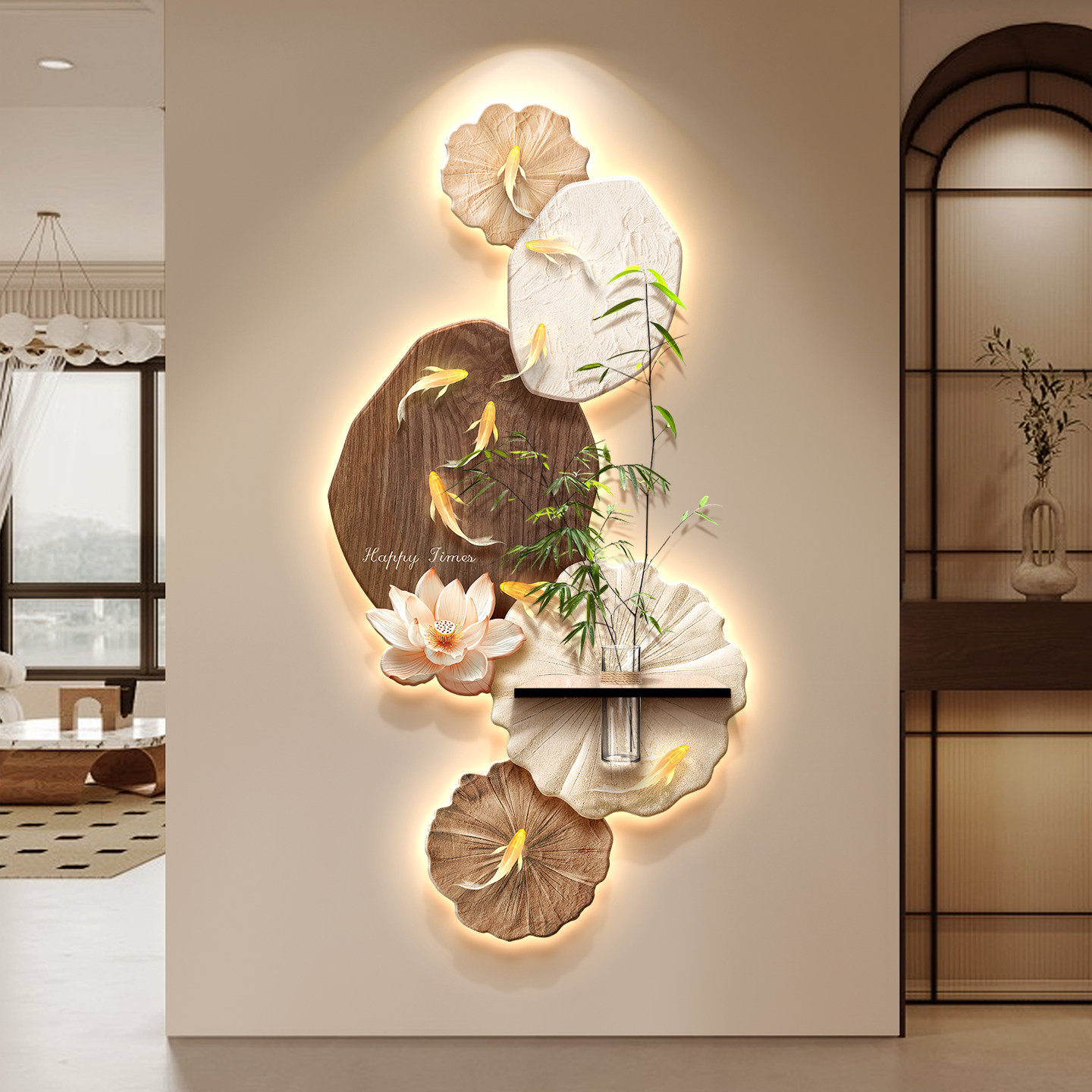 中古风九鱼图玄关装饰画走廊过道入户正对门挂画水培绿植造景壁画图片