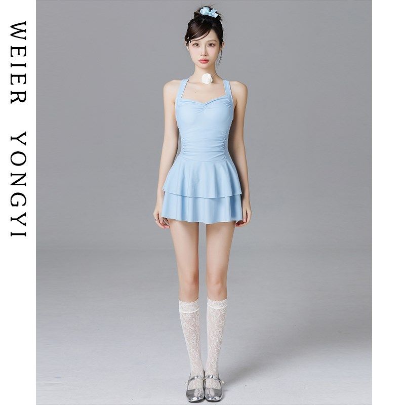 泳衣女时尚连体裙式微胖遮肉收腰显瘦露背交叉绑带绝美泡温泉泳装