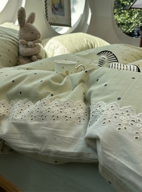 A类母婴级绿色小清新波点花边双层纱纯棉床上四件套1.5m1Z.8米全