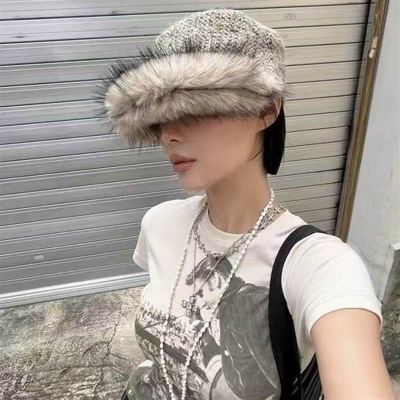 小众设计感e仿皮草毛毛拼接毛呢马术帽保暖秋冬时尚海军帽女平顶