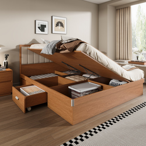 橡木定制a全实木床气动高箱储物床侧开1.5小户型收纳1.8主卧双人