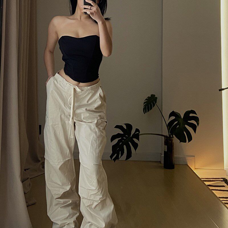 你伍老板娘 白色j抽绳工装裤牛仔面料宽松显瘦辣妹欧美秋季新款女