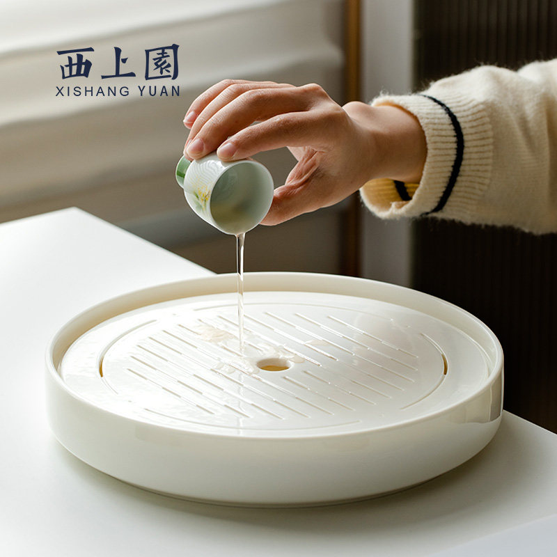 陶瓷羊脂玉茶盘圆形茶台小型v储接水盘办公室茶托茶海茶具沥水干