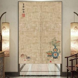麻色复古布帘荷花门帘免打孔隔断装 中式 饰挂帘厨房卫生间遮挡帘子