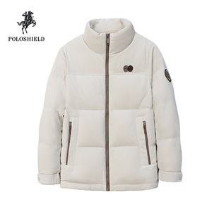 POLOSHIELD男士立领短款90鸭绒羽绒服白色保暖面包服外套