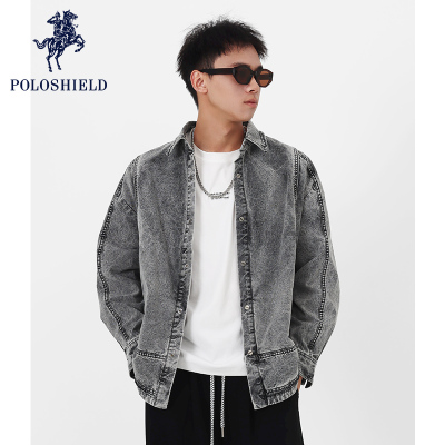 POLOSHIELD男士男生复古翻领牛仔衬衫春秋季男装休闲男式衬衣外套