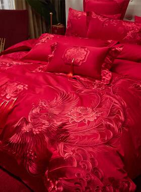 高端新中式180s长绒棉婚庆四件组龙凤全棉结婚大红色被套高档床品