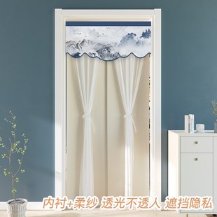 防蚊门帘新款 中式 山水蕾丝纱帘隔断帘子卧室家用免打孔魔术贴纱门
