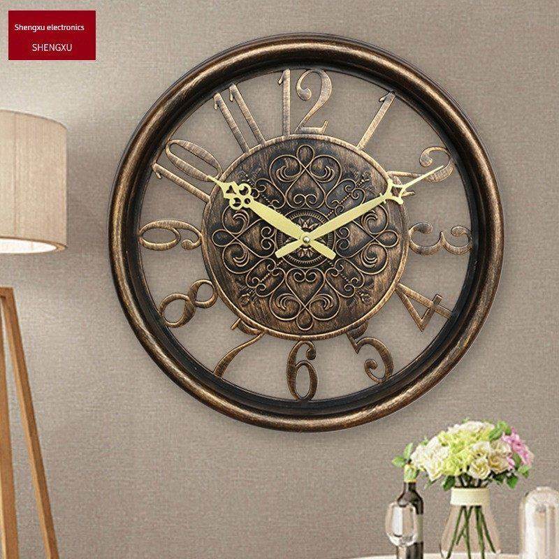 创意电子挂钟静音机芯客厅卧室时钟欧式风格15寸圆形挂钟彷古单面