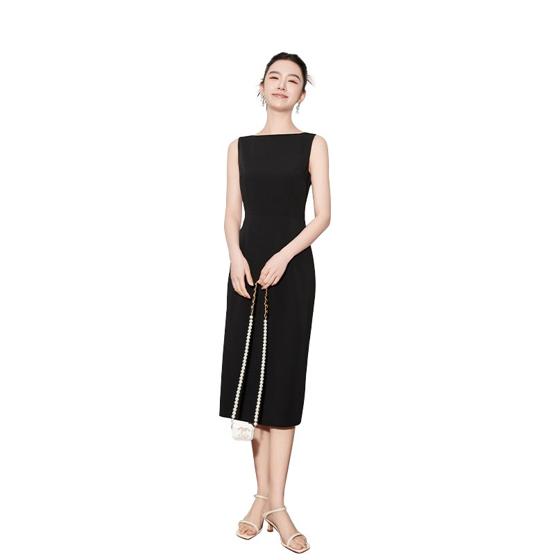 夏季新款黑色无袖吊带修身收腰包臀开叉优雅气质黑裙中长连衣裙女