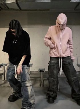 RO风格水洗烟灰色渐变多口袋工装直筒休闲抽绳阔腿喇叭宽松牛仔裤