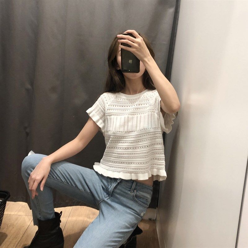 欧美单 夏季新款气质时尚百搭显瘦木耳边镂空短袖针织衫女上衣T恤