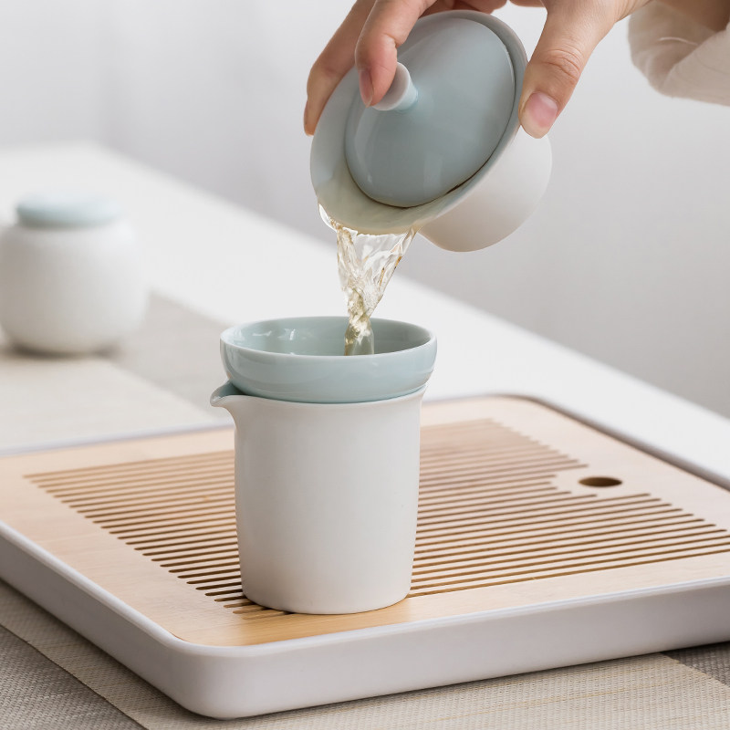 一品仟堂青白功夫茶具套装家用客厅泡茶简约现代陶瓷茶盘小套喝茶