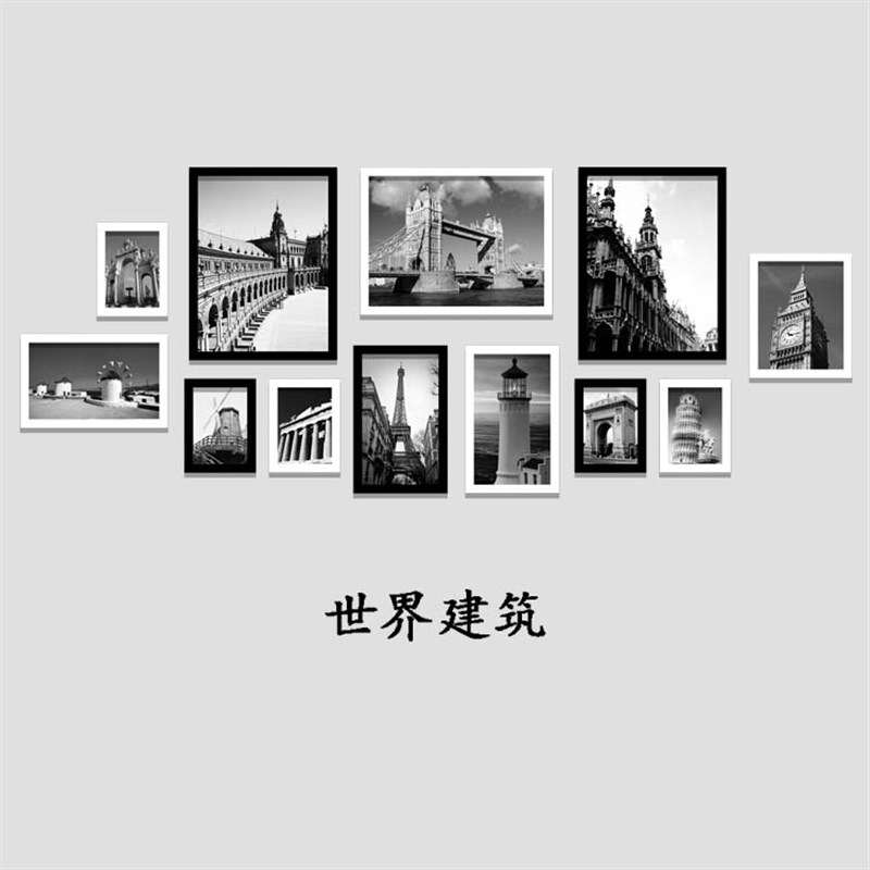 欧洲黑白建筑实木有框画客厅装饰画卧室现代照片墙时尚挂画壁画图片