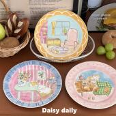 可爱ins小猫插画风陶瓷盘8寸早餐蛋糕甜品水果点心盘少女心餐具