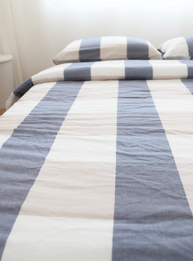 蓝色格子蓝咖色全棉水洗棉格子床单被套枕套纯棉床品可定做四件套