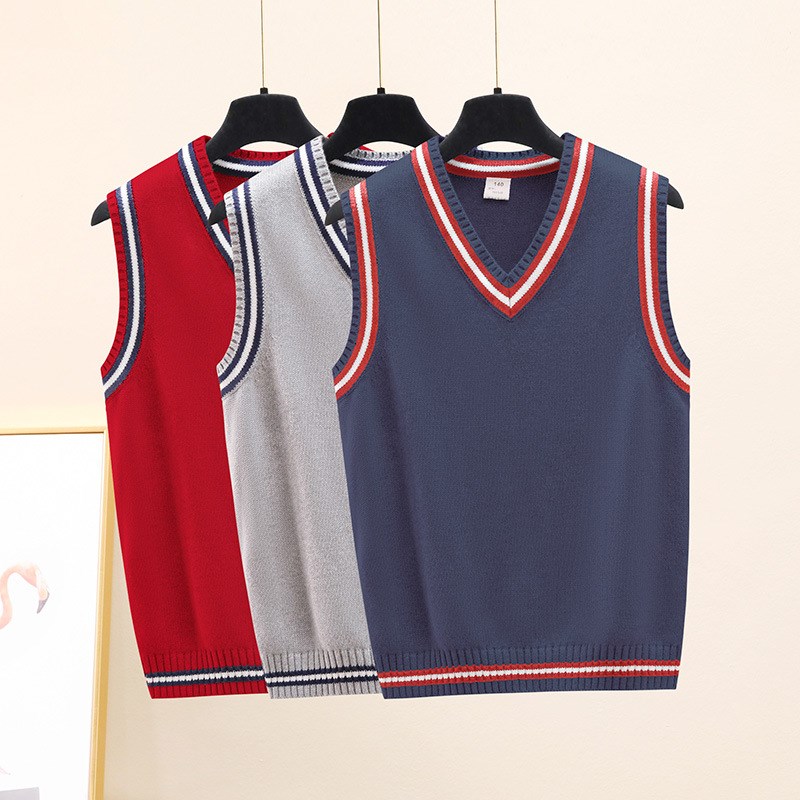 高中初中小学生纯棉针织背心春秋灰色红色深蓝男女童V领马甲校服
