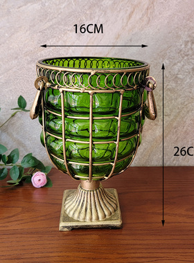 艺品红 创意欧式复古铁艺吹制玻璃花瓶客厅北欧透明蓝色摆件插花