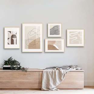 境遇 日式原木风客厅沙发背景墙装饰画北欧抽象线条挂画组合壁画