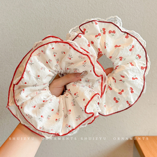 蕾丝大肠发圈女红色碎花双层发绳扎头发皮筋丸子头低马尾头绳发饰