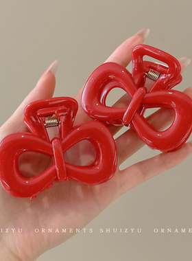 红色蝴蝶结抓夹女小号鲨鱼夹后脑勺发量少发夹高级感发卡头饰夹子