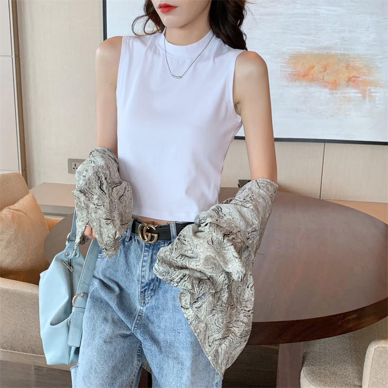 纯棉白色短款小高领背心女外穿运动内搭上衣修身打底坎肩无袖t恤