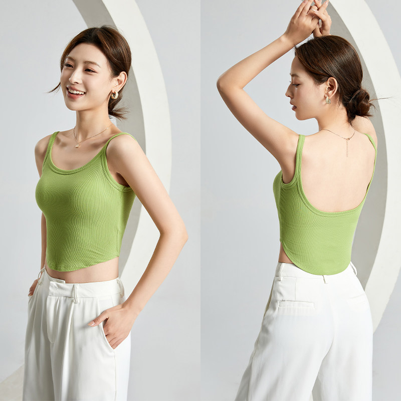 自拍-辣妹带胸垫小背心女春夏外穿细肩带内搭美背弧形下摆吊带上