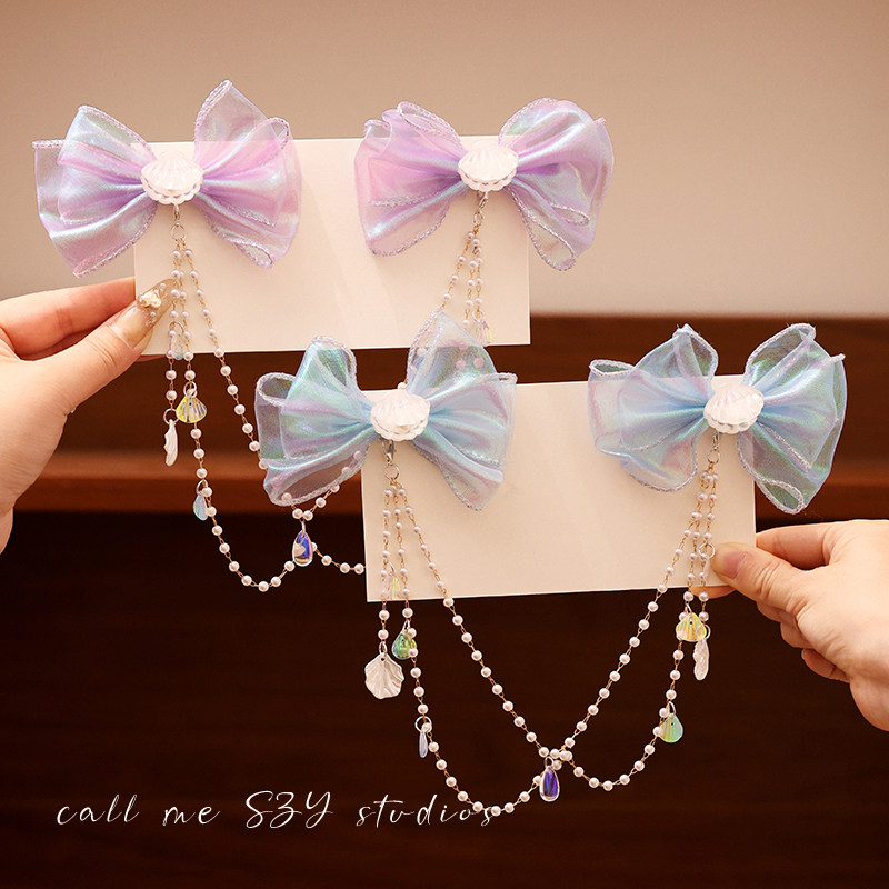 儿童蝴蝶结珍珠流苏发夹发卡女童额头链美人鱼公主头饰小女孩夹子