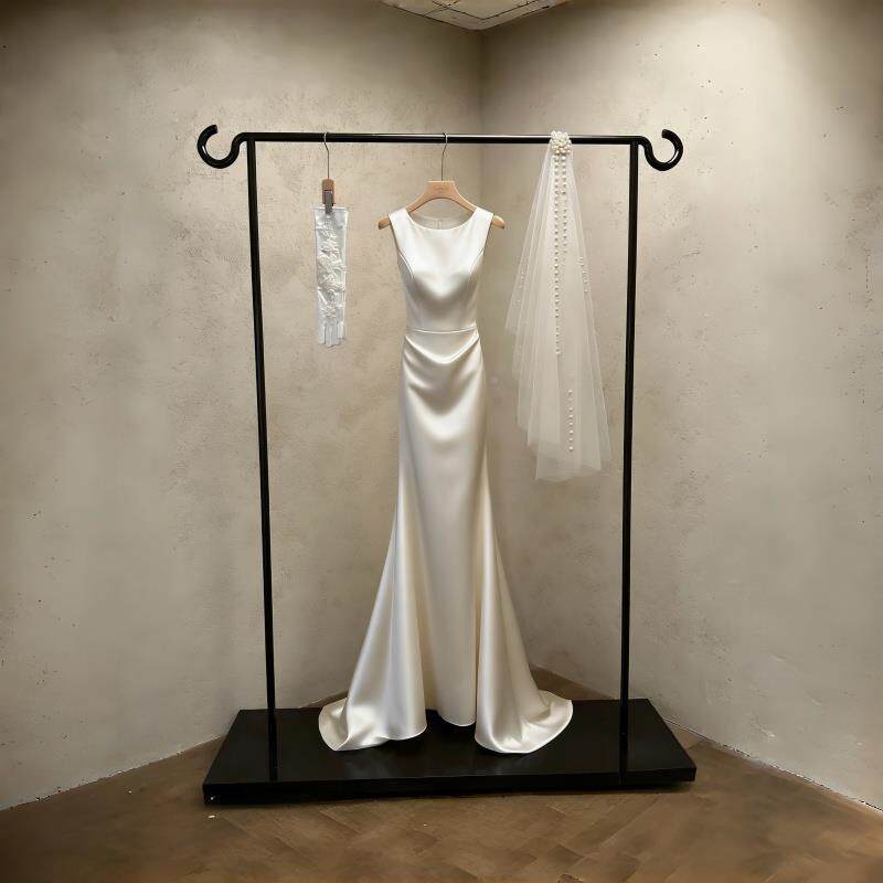 高档带板尾展示架黑色纱子拖落地架影楼礼服婚陈列货架头纱挂衣架