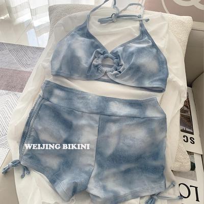 新款雾蓝比基尼件泳衣女款三件套防假晒霾罩衫VTS温泉海边度两式