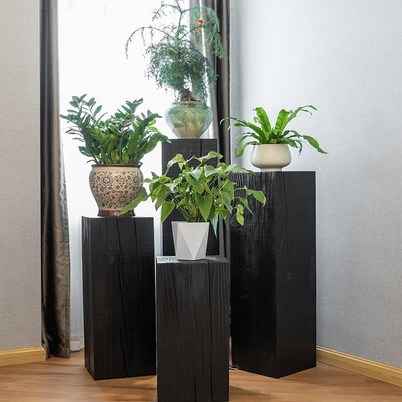 碳化黑木/形墩展示台地台方台立柱展示架花展店产品展示柜