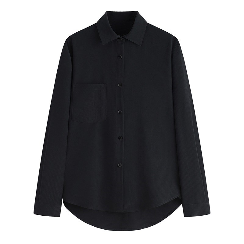 阿茶与阿古黑色垂感衬衫男韩版长袖潮流夏季薄款丝滑宽松情侣衬衣