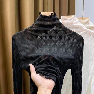 高领黑色加绒蕾丝打底衫女s高级感2024秋冬新款木耳边毛衣内搭纱