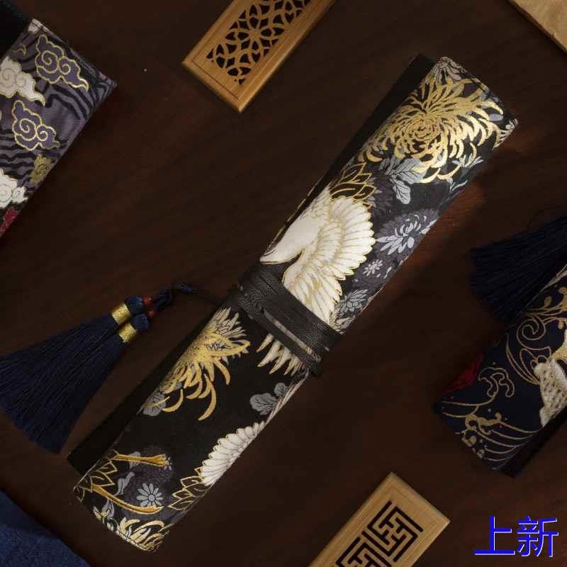 竹羽堂 中国风 烫金织锦流 苏笔帘笔袋 水彩画笔笔帘 毛笔笔帘新