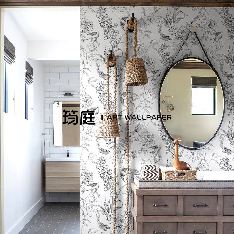 法式线描壁纸燕子沙发电视背景墙布定制壁画卧室壁布餐厅客厅墙纸