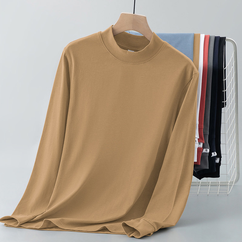 重磅纯棉te恤男长袖半高领打底衫秋冬季内搭加绒加厚中领全棉秋衣