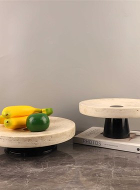 现代简约天然洞石大理石果盘摆件客厅茶几样板间玄关家居软装饰品