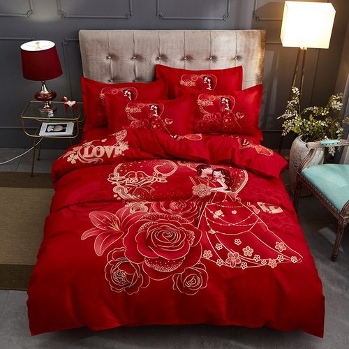新婚庆四件套全棉纯棉床上用品100支结婚红色系被套婚嫁床单4夏秋