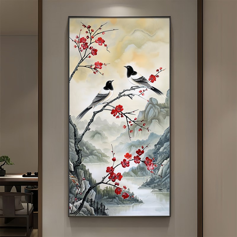 喜上梅梢玄关装饰画高档带灯喜鹊报喜走廊过道壁画入户正对门挂画