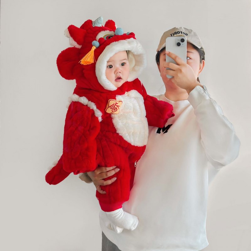 婴儿冬装拜年服男女宝宝可爱超萌毛茸茸保暖连体哈衣冬季外出爬服
