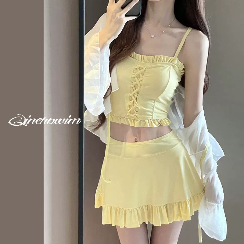 韩国ins夏季高级感少女显瘦小胸防晒罩衫分体泳衣温泉三件套泳装